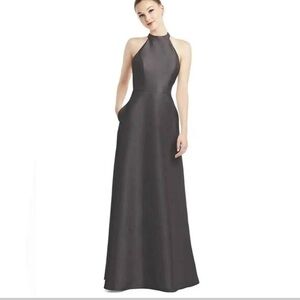 Alfred Sung High-Neck Cutout Satin Twill Gown in Caviar